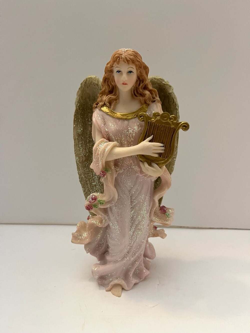 Angel Figurine Holding Harp Lyre Pink Glitter Gown Gold Wings Floral Decor
